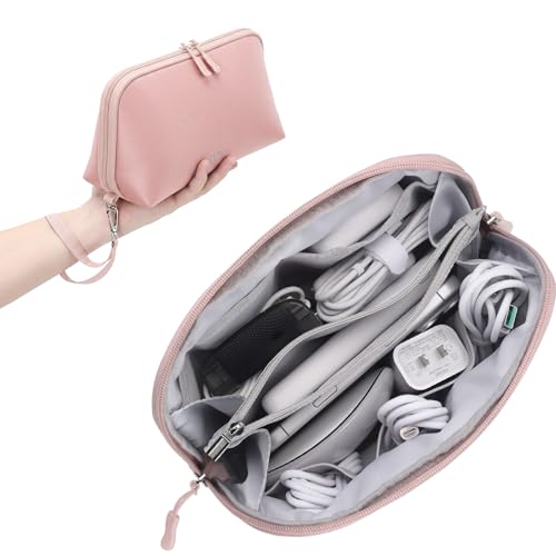 FYY Travel Cable Organizer - 8 Compartments Lightweight Water Resistant Tech Pouch with Wrist Strap, Portable Electronic Accessories Case for Cord Charger Storage for Travel Home Office, Pink (Large) - color: Pink, style: L