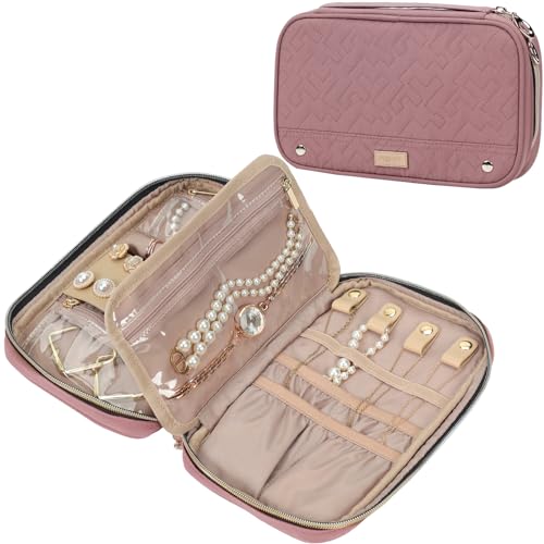 NISHEL Travel Jewelry Case, Holiday Organizer for Necklaces, Earrings, Rings, Bracelets, Watch, Rosewood-Pink | Stores necklaces, rings, earrings, bracelets and watches in a compact case for travel, vacations and daily use, Rosewood-Pink - color: Rosewood