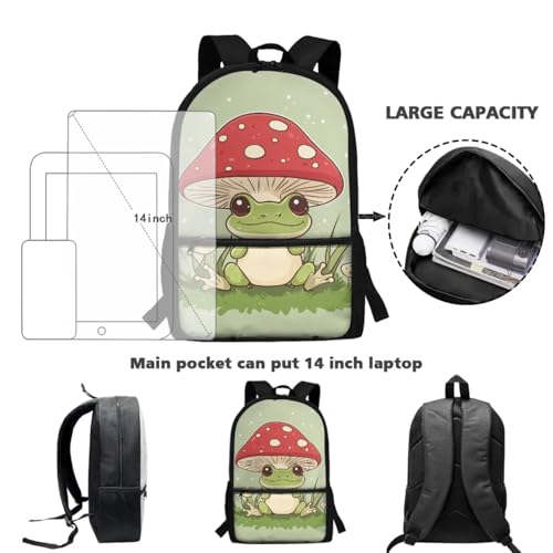 ZOUTAIRONG Green Frog Mushroom Mini Thermos and School Bags for Boys Girls 7-10/10-12/12-16, Casual Backpack with Side Pockets for School Travel - color: Green Frog Mushroom