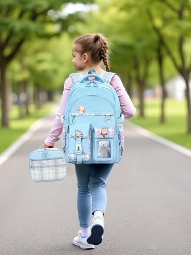 Girls Backpack with Lunch Box Cute School Backpack for Girls Kids Teens Kawaii Bookbag Set for Primary Elementary，Blue - color: Blue