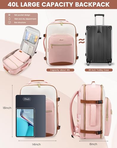 LOVEVOOK 40L Travel Backpack for Women & Men, Airline Approved Carry On Luggage with 3 Packing Cubes, TSA Overnight Bags, Waterproof Personal Item Bag, Weekender Essentials Backpacks fits 17" Laptop - color: Light Purple-beige-purple, size: Large