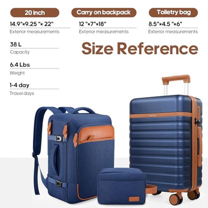 UKEIN Luggage Sets 3 Piece, Carry On Luggage 20In With Spinner Wheels,PC Hardside Suitcase Set with TSA Lock,Durable Carry On Suitcase With Travel Backpack for Men (Blue, 3 piece set (20inch)) - color: Blue, size: 3 piece set (20inch)