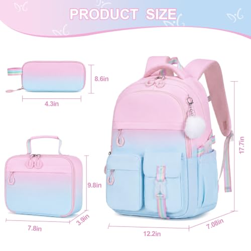 DIGOBAY 3PCS Girls Backpack for School, Kids Backpack for Girls with Lunch Bag Pencil Case, Kids Bookbag Teen Girl Backpacks for Elementary Middle High College School (Pink-blue Gradient) - color: Pink-blue Gradient