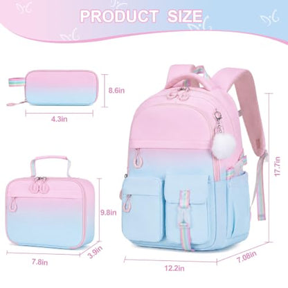 DIGOBAY 3PCS Girls Backpack for School, Kids Backpack for Girls with Lunch Bag Pencil Case, Kids Bookbag Teen Girl Backpacks for Elementary Middle High College School (Pink-blue Gradient) - color: Pink-blue Gradient