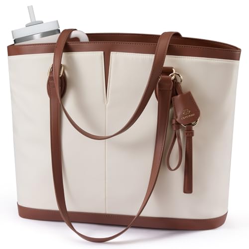 LOVEVOOK Laptop Tote Bag for Women, Lightweight Work Tote with Cup Holder, Waterproof Large Computer Bag for Office Travel - color: Off-white Black, size: 17.3Inch