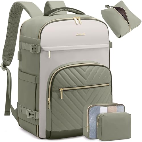 LOVEVOOK Travel Backpack for Women,40L Carry On Backpack for Airplanes,17.3 Inch Laptop Personal Item Travel Bag - color: Lightyellow Peagreen, size: L-4pcS