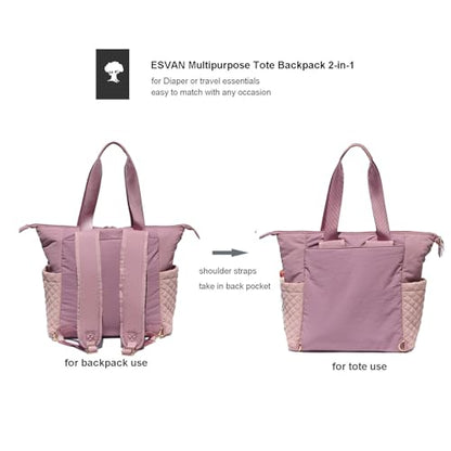 ESVAN Diaper Tote Bag Totepack Backpack 2 in 1 for Women Multifunctional Large Capacity with Insulated Pockets Travel | Multifunctional - color: Pink Purple