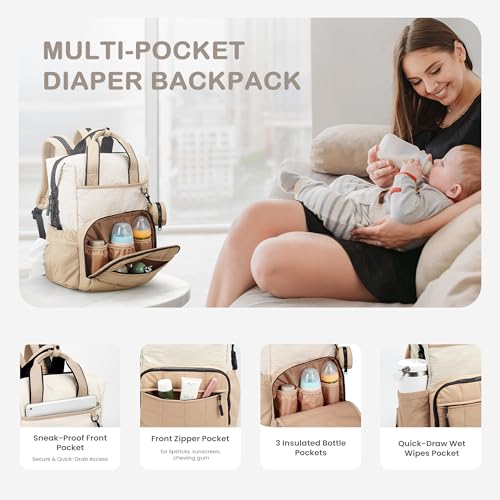 VONAL Diaper Bag Backpack, Lightweight Baby Diaper Bags, Travel Large Diaper Bag with Changing Station, Khiki Diaper Backpack for Boys Girls Newborn with Insulated Pockets, Stroller Straps - color: Khiki