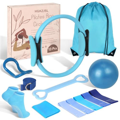 Pilates Kit for Women 13PCS, Pilates Ring and Ball Set with Magic Circle, Resistance Bands Set, Figure 8 Band, Yoga Ring & Grip Socks, Home Workout Equipment Essentials Starter Kit for Beginners - color: Blue