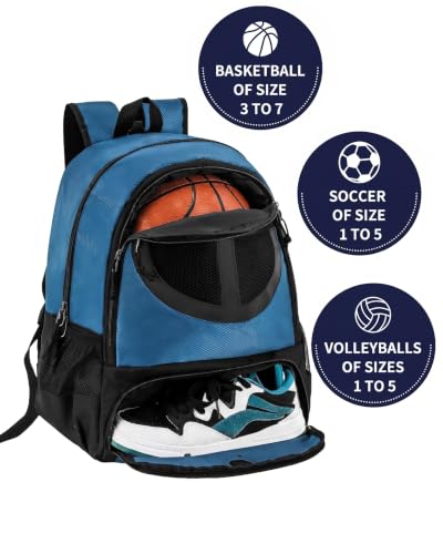 Basketball Bag Backpack for Men Women with Ball & Shoes Compartment 30L Capacity Lightweight Breathable Boys Girls Soccer Ball Bag Backpack Fit Volleyball Football Sports Travel School Gym - color: TK8Blue