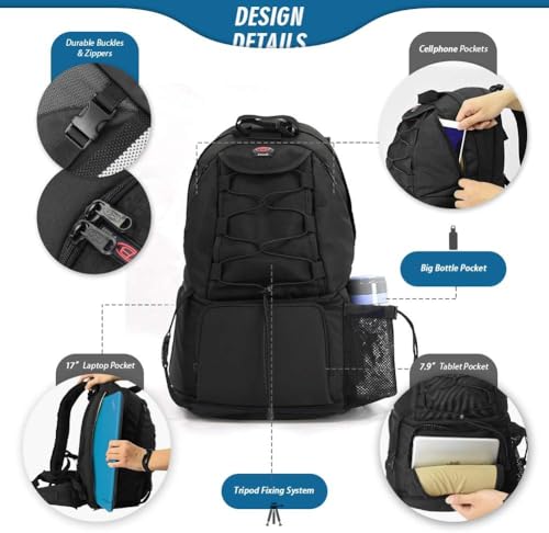 Camera Backpack Waterproof Large DSLR Camera Bag with 17" Laptop Compartments,Rain Cover,Tripod Holder Outdoor Travel Camera Backpack Case for Nikon Canon Sony Pentax DSLR/SLR Cameras and Accessories - size: 17L