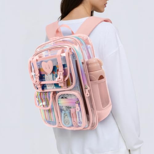 Clear Backpack for Girls Women Heavy Duty Transparent Bookbag School Backpack with Mesh Pockets Stadium Approved See Through Backpack (Pink) - color: Pink