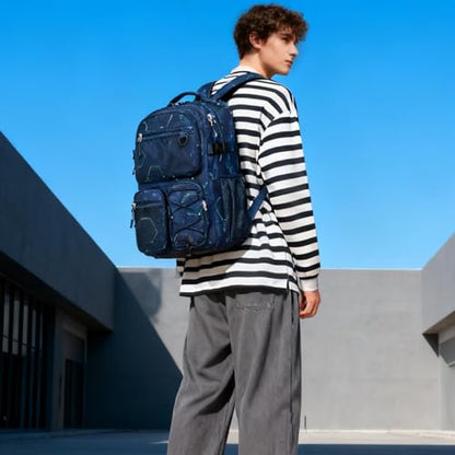 Lohol Multi-Pocket Backpack for School College Travel, Heavy Duty Big Bookbag with 15.6 inch Laptop Compartment (Navy Geometry - color: Navy Geometry