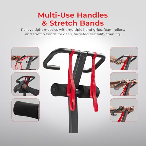 Sunny Health & Fitness Full Body Stretch Machine for Home Gym, Back Stretcher & Flexibility Trainer with Pivoting Seat, Foam Rollers, Safety Straps, Handlebar & SunnyFit App - color: Black