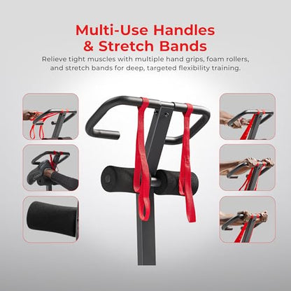 Sunny Health & Fitness Full Body Stretch Machine for Home Gym, Back Stretcher & Flexibility Trainer with Pivoting Seat, Foam Rollers, Safety Straps, Handlebar & SunnyFit App - color: Black