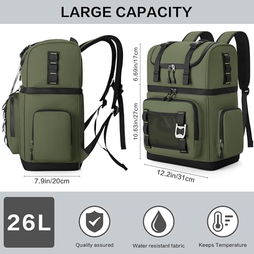 Large Waterproof Insulated Cooler Backpack for Men & Women, Double Decker Leak Proof Cooler Backpack for Beach, Camping, Picnic, Travel, 26L, 44Cans - color: Green