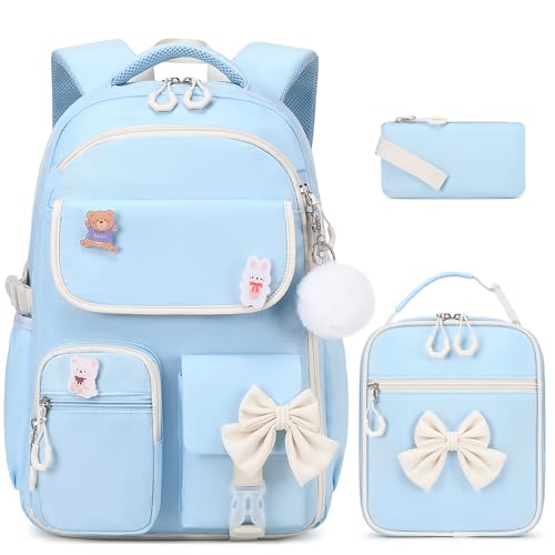ACESAK Girls Backpack - 3PCS Backpack for Girls Cute School Backpacks for Girl Kindergarten Elementary Preschool Middle Kids School Bags with Lunch Box Pencil Case Set (Blue Beige) - color: Blue Beige
