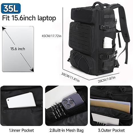 35L Tactical Backpack with Shoe Compartment & Molle Admin Pouch Combo – 1000D Water Resistant Military Backpack for Laptop 15.6” + Laser Cut EDC Tool Organizer Bag – Outdoor Hiking Gym Assault