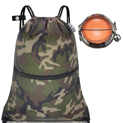 draw string back bag, Large Gym Sports string backpack for men and women with front zipper pocket and inside zipper pocket to keep key or phone (green camo) - color: Green Camo, style: Drawstring With Front Pocket