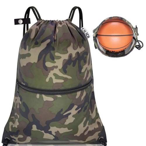 draw string back bag, Large Gym Sports string backpack for men and women with front zipper pocket and inside zipper pocket to keep key or phone (green camo) - color: Green Camo, style: Drawstring With Front Pocket