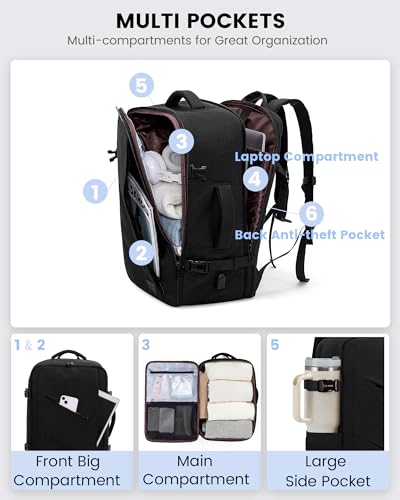 LOVEVOOK Travel Carry on Backpack, Large 40L Personal Item Travel Bag for Men & Women Flight Approved with 3 Packing Cubes, Suitcase Water Resistant Luggage Daypack Business Weekender Bag, Black - color: Black, size: 40L-4Pcs