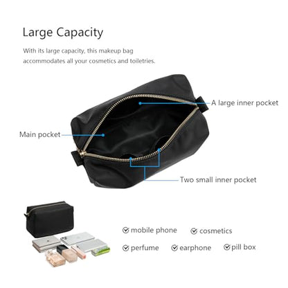 Organizer Bag Lightweight Cosmetic Bag with Ring Clasp Perfect Travel Makeup Bag for Women nylon Stand Up Design (Black/Nylon) - color: Black-nylon