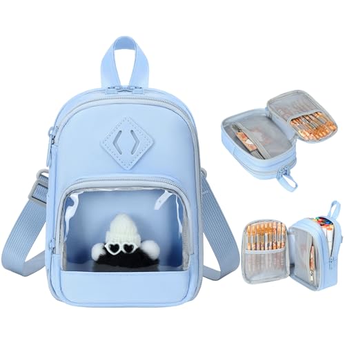 Large Capacity Kids Backpack Pencil Case Pen Bag with Clear Pocket, Cute Kawaii Pen Pouch Organizer with Adjustable Strap & Plush Doll Keychain for School Girls Boys (Blue) - color: Blue