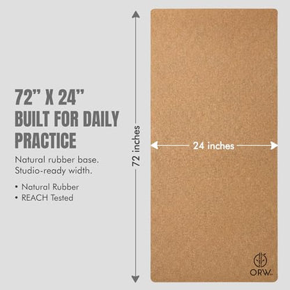 Yoga Mat Natural Cork, Non Slip Yoga Mat for Hot Yoga & Workout, 4mm Thick Natural Rubber Base, 72” x 24” Exercise Mat for Pilates, Fitness & Daily Practice, REACH Tested (SVHC Free), Includes Carry Strap