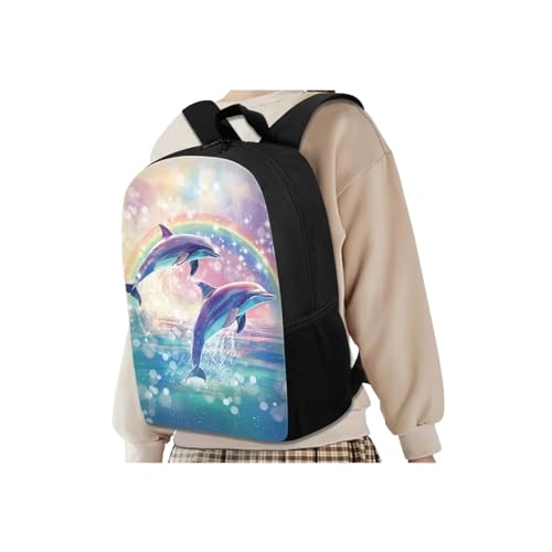 Rainbow Dolphin Backpack for Girls Kids School Backpack Set with Lunch Box Pencil Case Water Bottle Holder Trendy Backpack 4 in 1 Set for Elementary Middle School Students Gifts - color: Rainbow Dolphin