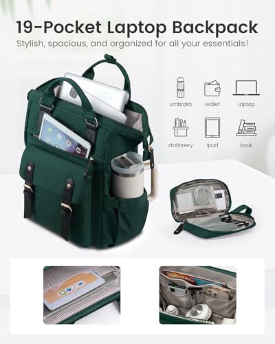 LOVEVOOK Laptop Backpack for Women with Giant Tumbler Holder Pocket,15.6 inch Waterproof Travel Backpack Purse Computer Laptop Bag - color: Dark Green, size: 15.6 Inch Cup