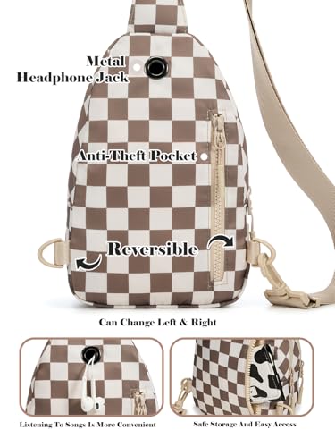 Checkered Sling Bag for Women Small Backpack Crossbody Chest Bag Fanny Packs Purses - color: Checkered Sling Bag - Khaki Beige