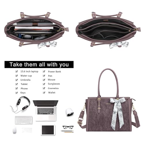 MOSISO Laptop Bag for Women, 15.6-16 inch PU Leather Tote Bag Compatible with MacBook, HP, Dell, Asus Notebook, Front Embossed Retro Hibiscus Computer Bags with Silk Scarf&Clutch Purse, Slate Purple - color: Slate Purple, size: 16 inch
