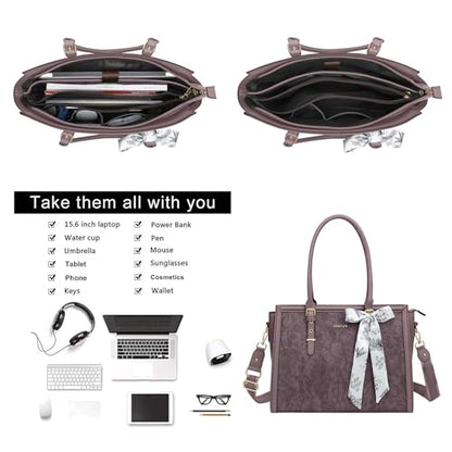 MOSISO Laptop Bag for Women, 15.6-16 inch PU Leather Tote Bag Compatible with MacBook, HP, Dell, Asus Notebook, Front Embossed Retro Hibiscus Computer Bags with Silk Scarf&Clutch Purse, Slate Purple - color: Slate Purple, size: 16 inch