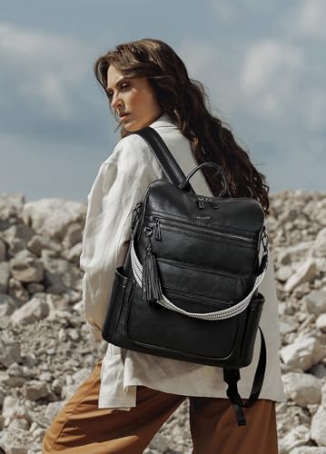 Shrrie 15.6 inch Laptop Backpack for Women,Large Leather Backpack Purse,Travel,Carry on,Water Resistant Casual Laptop Backpacks,College Backpack,Work Backpack for Women,Two-tone Black - color: Two-tone Black