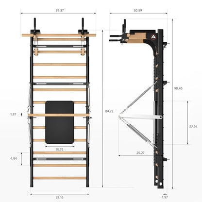 Swedish Ladder Pro, Wood Stall Bar with Push-Through Bar, Adjustable Pull-Up Dip Bar for Adults and Kids, Accessories Bundle, Spring, for Home, School, Physical Therapy and Gymnastics - size: 40"x90“x26"