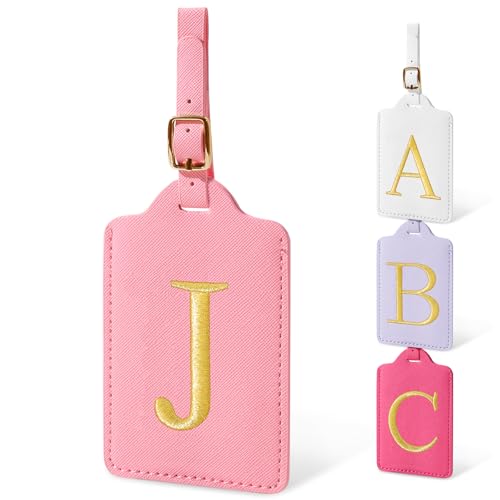 Personalized Initial Luggage Tags for Suitcases, Cute PU Leather Embroidered Letter Travel Luggage Tags, Suitcase Identifier Name Baggage Tag, Bag Tags for Men Women Kids Luggage Handbags(Pink J) - color: Pink/Golden-letter, size: J