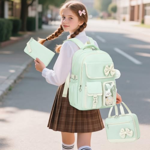 GeeWin Girls Backpack for School with Lunch Box & Pencil Case Set, 17 Inch Waterproof Cute Bow Girls Bookbag for Kids, Teens, Elementary Middle High College School Student (Green/Beige) - color: Green Beige