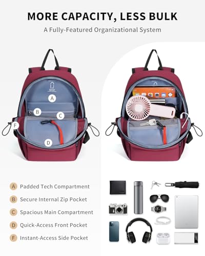 ECOHUB Mini Anti-Theft RFID Backpack for Women and Men, Water-Resistant, Lightweight Travel Daypack with iPad Sleeve, Key Holder, 9 Pockets, Gifting, Red - color: Red