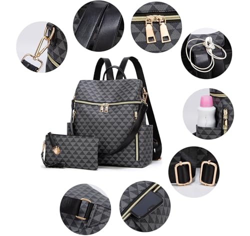 Makes Backpack Purse for Women PU Leather Travel Satchel Handbag Convertible Design Bag with Purse 2 Piece - color: Black Triple