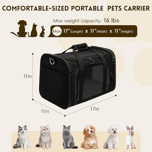 Cat Carrier Soft, Dog Carriers for Small Dogs/Large Cats (Up to 16lbs), with High Breathability, Shoulder Strap, Removable Pad, Pet Carrier Airline Approved, for Home Outdoor Travel (Black) - color: Black