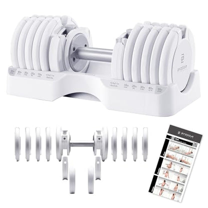 BYZOOM FITNESS Pure Series Adjustable Dumbbell - 12.5/25/27.5/50/55/75lb - ONE UNIT OR PAIR(check QTY before purchase) - 5-in-1/ 10-in-1 / 15-in-1 / 21-in-1 Flexible Hand Weights for Home Apartment Garage Gym, Strength Training & Fitness Workouts, White O