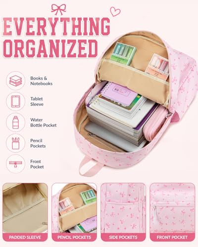 CAMTOP Girls Backpack with Lunch Box Set, Cute Bow School Backpack for Kids, 3-in-1 Lightweight Lunch Bag and Pencil Pouch - color: Pinck Bow Heart