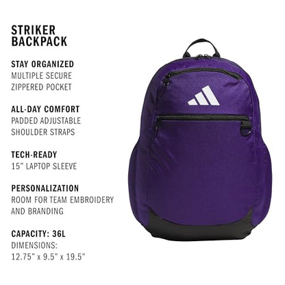 adidas Striker 3 Team Sports Backpack – Daypack for Sports Gym Travel, 36L, Collegiate Purple, OSFA - color: Collegiate Purple