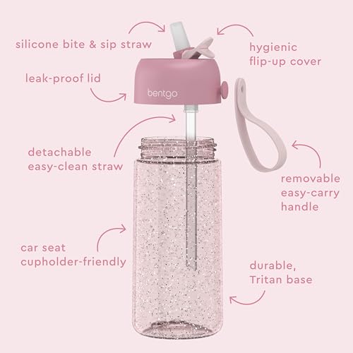 Bentgo Kids Water Bottle - Leak-Proof, Durable Tritan PFAS- & BPA-Free 15 fl oz, Kids/Toddlers Ages 3+ for School & Sports; Bite & Sip Spout, Carrying Handle, Dishwasher Safe (Petal Pink - Glitter) - color: Petal Pink