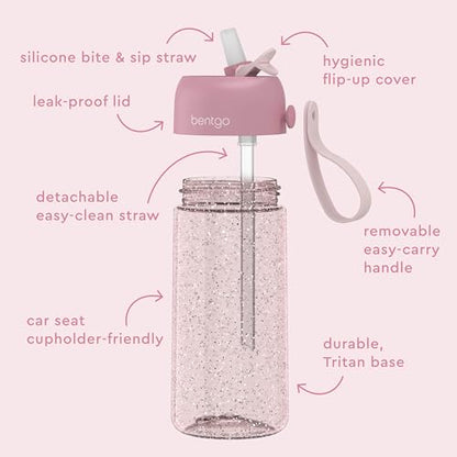 Bentgo Kids Water Bottle - Leak-Proof, Durable Tritan PFAS- & BPA-Free 15 fl oz, Kids/Toddlers Ages 3+ for School & Sports; Bite & Sip Spout, Carrying Handle, Dishwasher Safe (Petal Pink - Glitter) - color: Petal Pink