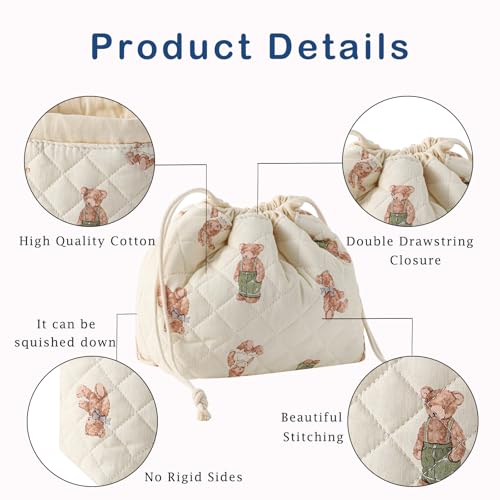 Cotton Quilted Drawstring Makeup Bag with Canvas Lining,Coquette Aesthetic Cute Travel Toiletry Bag,Drawstring Gift Bag for Women and Girls（04White Bear） - color: 04White Bear