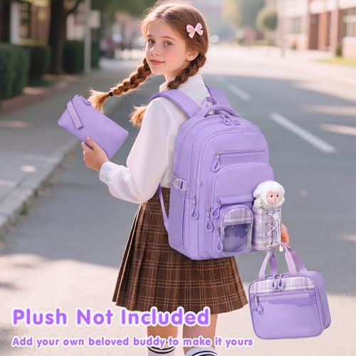 GeeWin Girls Backpack for School with Lunch Box & Pencil Case Set, 17 Inch Stylish Plaid Girls Bookbag with Lots of Pockets for Kids, Teens, Elementary Middle High College School Student (Purple) - color: Purple