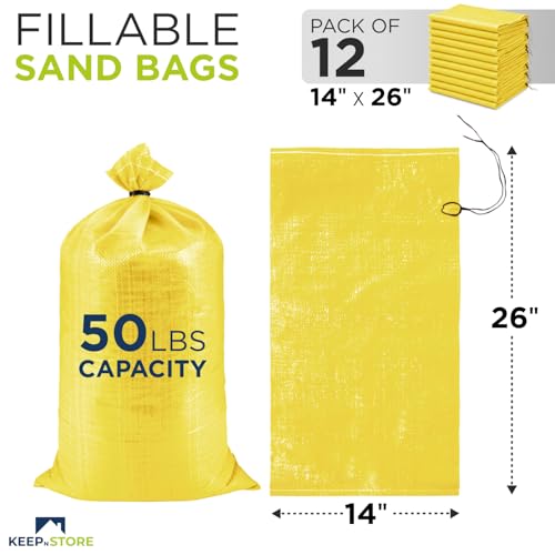 Heavy Duty Sand Bags Pack of 12, Bright Yellow Empty Sandbags with Built-In Ties, Woven Polypropylene UV Protection 1600 Hours, Fillable Bags for Flood Control, Weight, 14x26 inches, 50 Pounds Volume - size: 14"W x 26"L, style: Pack of 12