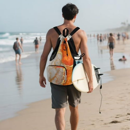 Drawstring Gym Bags For Men Women Camp Bag With Water Bottle Pocket String Backpack Bag Wet and Dry Separation Marble White Orange - color: Color 26