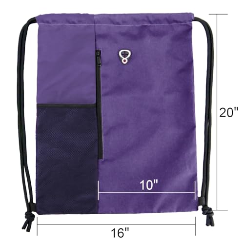 BeeGreen Dark Purple Drawstring Backpack Gym Bag For Men & Women – Sports Sackpack with Mesh Water Bottle Holder & 2 Zippered Pockets – Large 16x20 Inch Cinch String Backpack - color: Dark Purple, style: Drawstring With Mesh Pocket